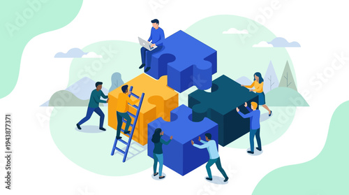 Business Team Collaboration and Partnership Concept Illustration, Diverse People Working Together Assembling Large Jigsaw Puzzle Pieces for Success and Strategic Solution