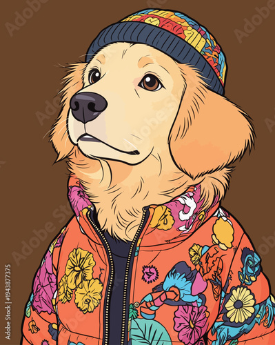A dog stands still wearing a bright jacket and hat. The dog has a confident look and colorful patterns surround it.