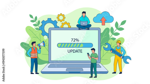 Software Update Concept Illustration with Professional Team Working on System Upgrade, Maintenance, and Technical Support for Digital Platforms or Laptop Application