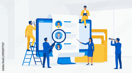Human Resources Recruitment Concept Illustration with Professional Business Team Searching for Job Candidates and Reviewing CV Resumes for Hiring Talent