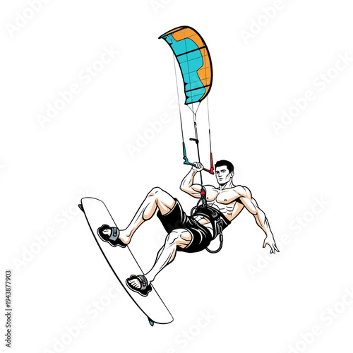 Kiteboarder jumping over water with kite and board extreme sport graphic