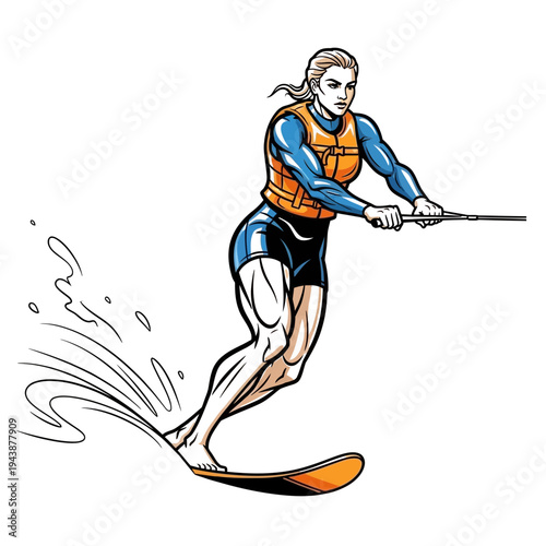 Female water skier with life vest pulling rope on water graphic