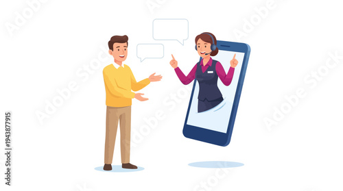 Online Customer Service and Technical Support Illustration with Man Consulting Agent via Smartphone Screen