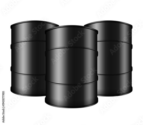Three black metal oil barrels or drums standing together