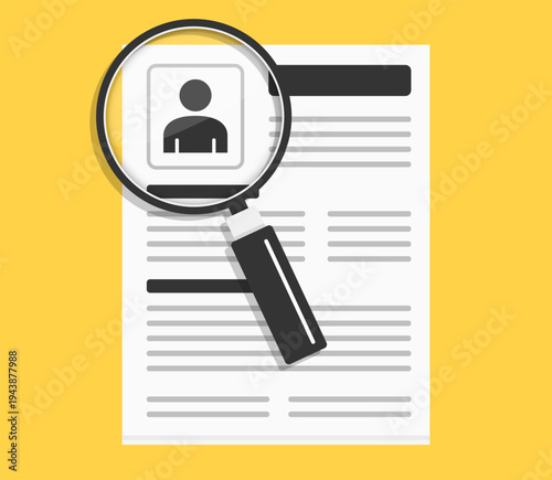 Magnifying glass analyzing resume profile representing candidate search and hiring process