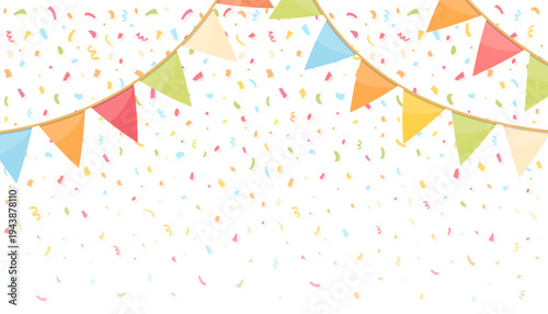Colorful triangle bunting decoration with confetti background
