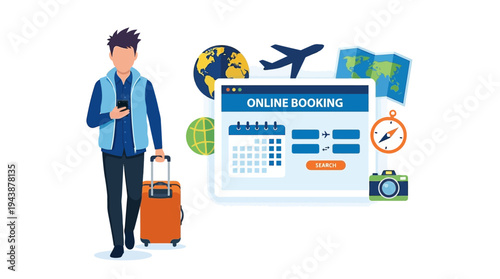 Man Using Smartphone for Online Travel and Flight Booking Illustration - Digital Nomad and Vacation Planning Concept