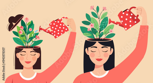 Mental Health Growth and Self-Care Vector Illustration with Women Watering Plants in Their Heads for Personal Development and Wellness