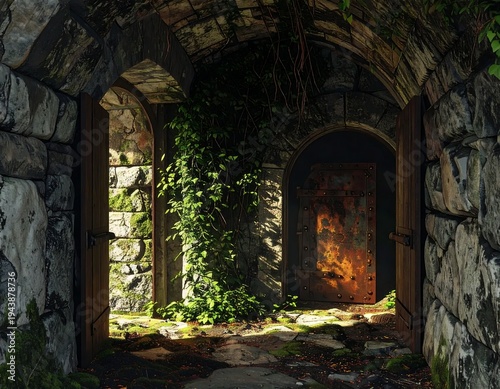 An old stone archway with two wooden doors