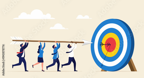 Business Team Collaboration Vector Illustration: Diverse Group of People Hitting Target with Giant Arrow, Symbolizing Teamwork, Goal Achievement, and Success