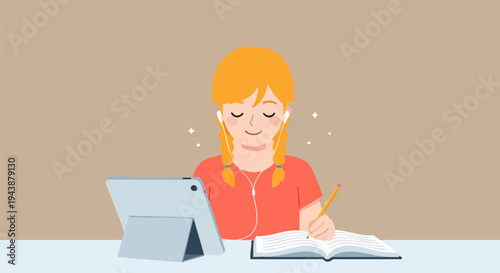 Smiling Young Girl with Braids Studying Online with Tablet, Earbuds, Pencil, and Notebook - Vector Illustration for E-Learning and Education