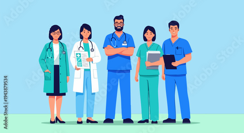Diverse Medical Team Vector Illustration: Group of Five Healthcare Professionals Including Doctors and Nurses Standing Together on a Blue Background