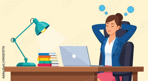 Relaxed Businesswoman Dreaming at Office Desk with Laptop and Books, Taking a Break from Work, Vector Illustration