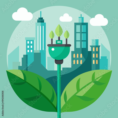 Eco friendly cityscape with green light bulb and leaves