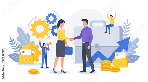 Business Partnership and Success Concept with Professionals Handshaking, Corporate Growth, Teamwork, and Financial Profit Illustration
