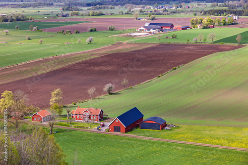 Rural landscape with farms and green field a sunny day at spring