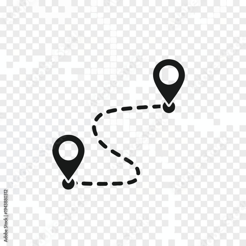 Black and white map pins connected by a dotted line on a transparent background