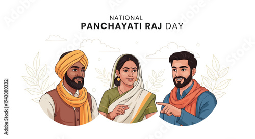 Illustration of diverse Indian people celebrating National Panchayati Raj Day with a rural governance theme.