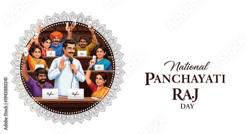 Illustration of people celebrating National Panchayati Raj Day with a leader speaking in a colorful, vibrant design promoting rural governance and democracy in India.