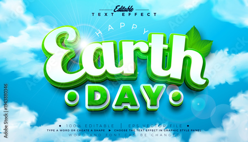 Earth Day Text Effect Design Editable Vector Graphic Style with Natural Leaf and 3D Typography Lettering on Blue Cloudy Sky Background. April 22 Environmental and Eco Concept Banner Design
