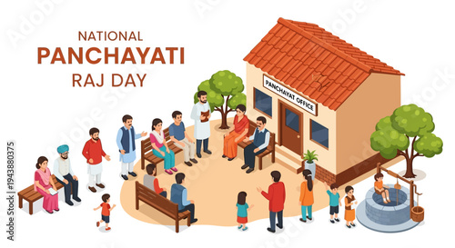 Illustration of people gathered outside a village building on National Panchayati Raj Day, celebrating rural governance and democracy in India with a colorful design.