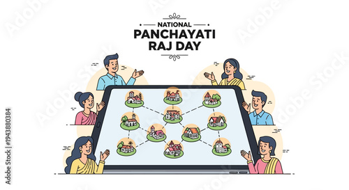 Illustration of people interacting around a tablet displaying interconnected village governance structures on National Panchayati Raj Day in India.
