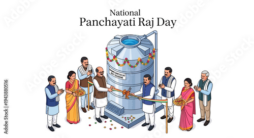Illustration of people celebrating National Panchayati Raj Day with a water tank in a rural Indian setting, symbolizing governance and community development.