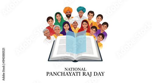 Illustration of diverse people gathered around an open book celebrating National Panchayati Raj Day with a design that represents governance and rural development in India.