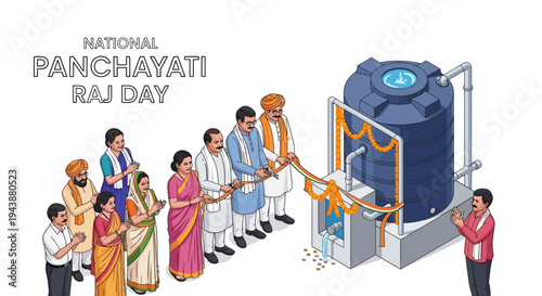Illustration of people in traditional Indian attire celebrating National Panchayati Raj Day with a water tank and pipe system in a rural Indian setting.