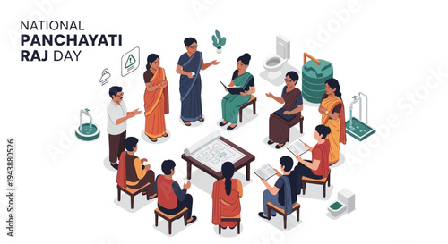 Illustration of people in a meeting for National Panchayati Raj Day, depicting rural governance and democracy in India with a flat design style and informative composition on a white