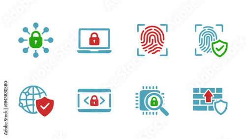 Technology security icons including bug detection, fingerprint scan, laptop security, digital protection, and firewall symbols.