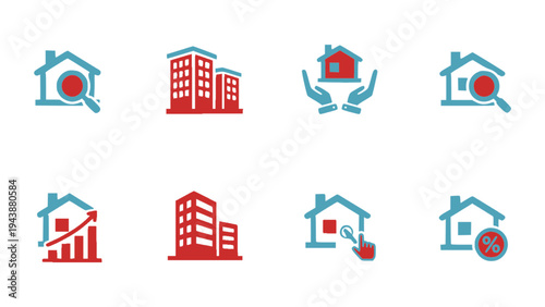 Flat real estate icons featuring houses, buildings, property search, home investment, and real estate business symbols.