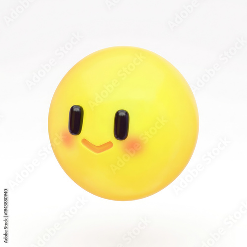 A bright yellow smiley face toy with a cheerful expression on a white background