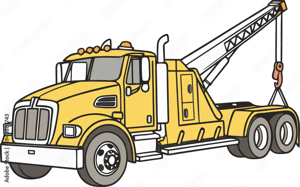 Fototapeta premium Yellow wrecker tow truck isolated on transparent background, emergency roadside recovery and towing service vehicle.
