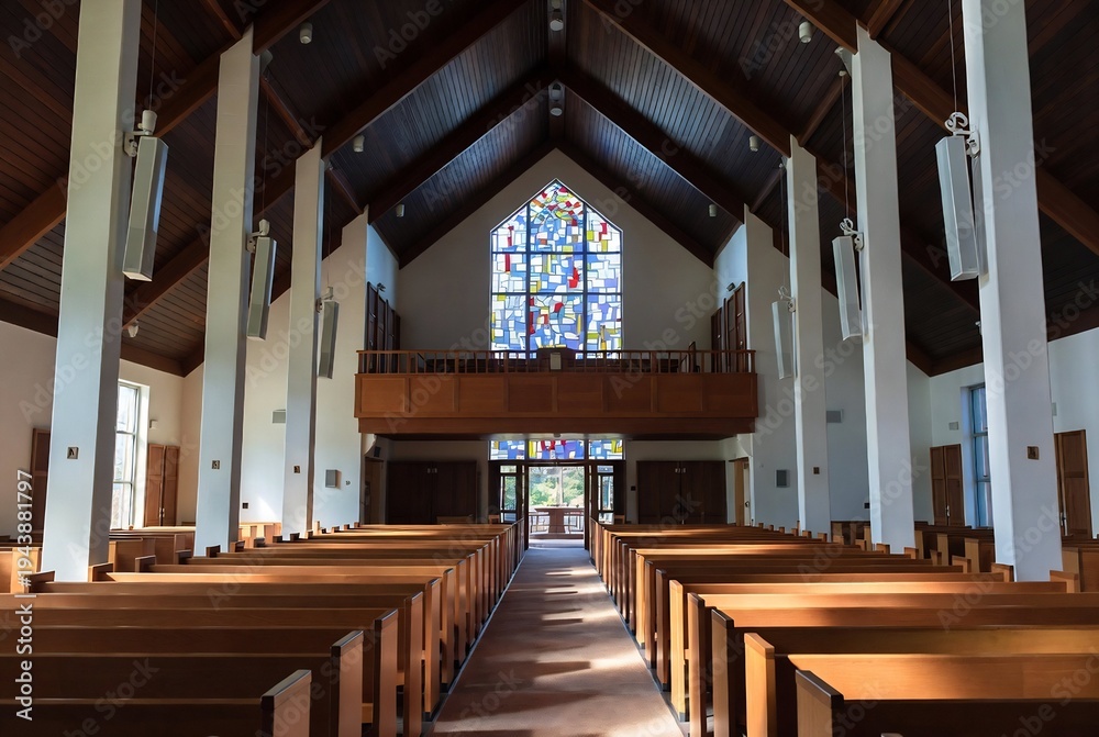 Obraz premium Interior of a church with wooden pews and stained glass.