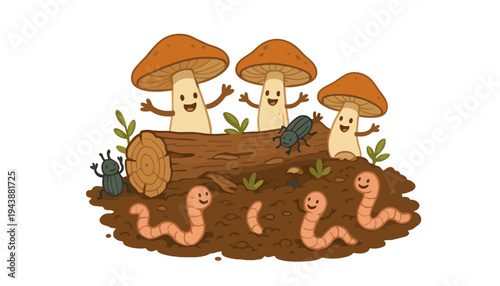 Three cartoon mushrooms and earthworms are in the soil with a log.