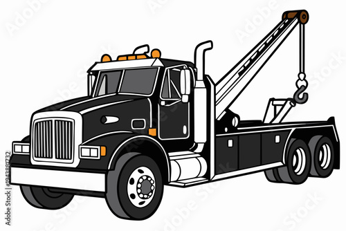 Black roadside assistance tow truck isolated on white background, vehicle recovery transport concept.