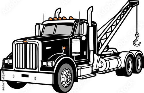 Heavy duty black wrecker tow truck PNG isolated, roadside assistance and emergency vehicle recovery transport concept.