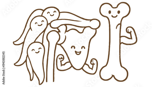 A cartoon illustration of bone and muscle characters exercising together happily