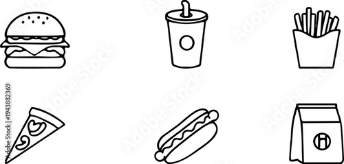 Collection of black-and-white fast food vector icons in outline style. Includes burger, fries, pizza, hot dog, drink, and takeout bag.