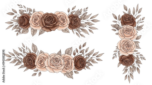 The arrangement showcases roses and leaves on a white background.