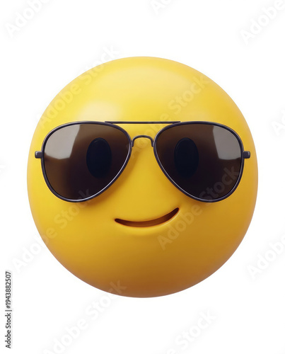 A smiling yellow emoji wearing sunglasses on a white background