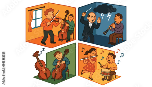 Music illustration set with cartoon musicians playing different instruments