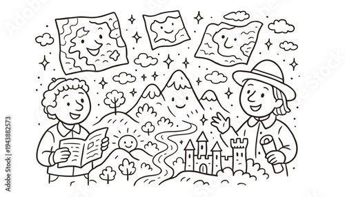 A cartoon map illustration of two explorers planning an adventure