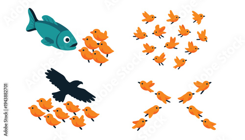 A fish vector illustration swimming with a flock of birds in flight