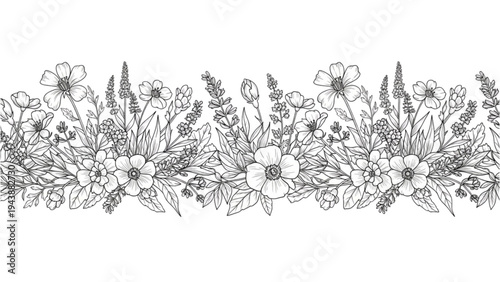 An illustration of a floral border with flowers, leaves, and stems on a white background