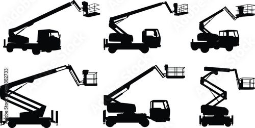 Aerial work platform silhouettes, boom lift truck workers vector illustration
