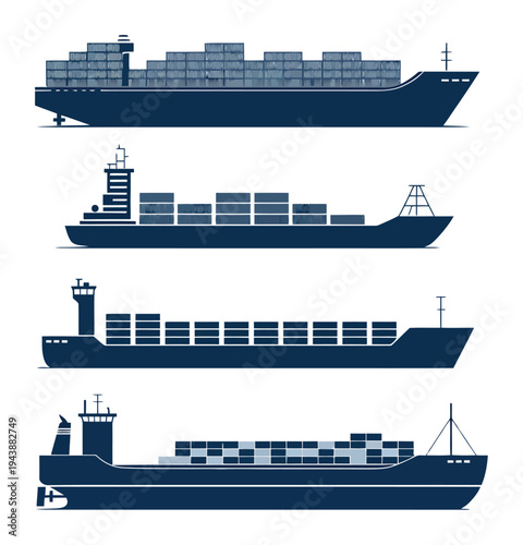 Cargo Ship Vector Illustrations Set Navy Blue Style