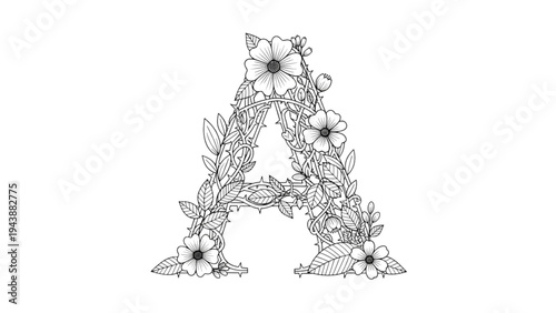 A large floral letter A with leaves and flowers is illustrated.