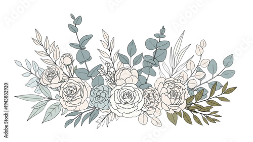 A beautiful floral arrangement of flowers and leaves on a white background